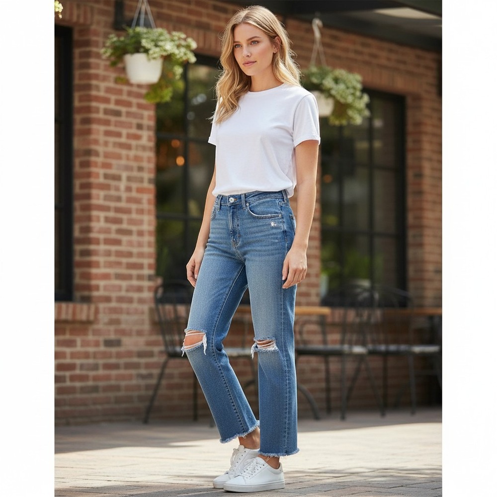 Madewell High Rise Straight Leg Distressed Jeans Light Wash Raw Hem Blue 32 Fall